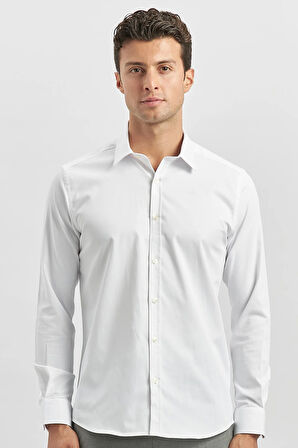 Beyaz Uzun Kol Düz Bez Ayağı 032 Sert Yaka Classic Slim Fit Gömlek 1004240334