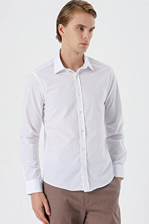 Beyaz Uzun Kol Filafil Desen Filafil Sert Yaka Cepsiz Pamuklu Basic Slim Fit Gömlek 1004245008