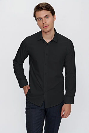 Siyah Uzun Kol Düz Bez Ayağı 041 Sert Yaka Basic Slim Fit Gömlek 1004245057