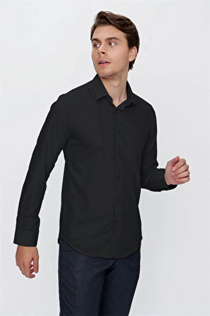 Siyah Uzun Kol Düz Bez Ayağı 041 Sert Yaka Basic Slim Fit Gömlek 1004245057