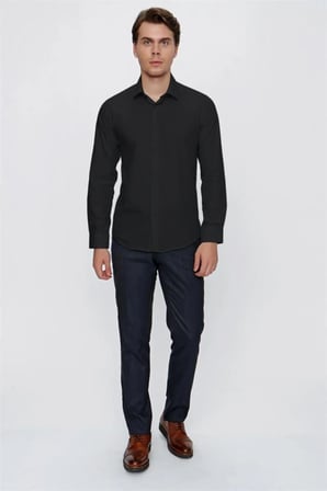 Siyah Uzun Kol Düz Bez Ayağı 041 Sert Yaka Basic Slim Fit Gömlek 1004245057
