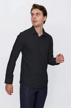 Siyah Uzun Kol Düz Bez Ayağı 041 Sert Yaka Basic Slim Fit Gömlek 1004245057