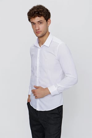 Beyaz Uzun Kol Düz Bez Ayağı 041 Sert Yaka Basic Slim Fit Gömlek 1004245057