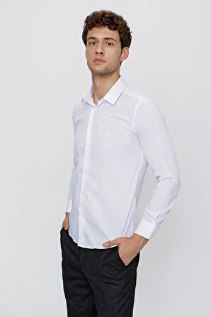 Beyaz Uzun Kol Düz Bez Ayağı 041 Sert Yaka Basic Slim Fit Gömlek 1004245057