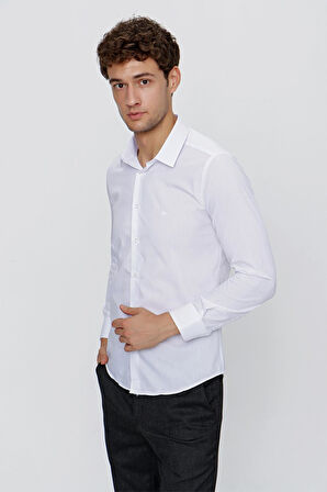 Beyaz Uzun Kol Düz Bez Ayağı 041 Sert Yaka Basic Slim Fit Gömlek 1004245057