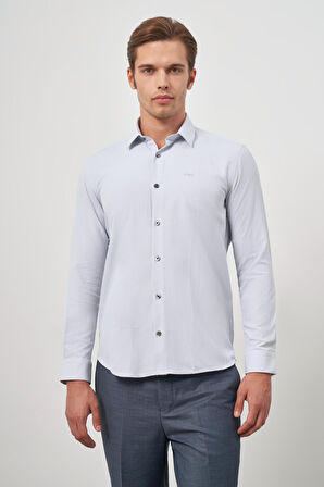 Gri Uzun Kol Kendinden Desenli Armürlü 032 Sert Yaka Classic Slim Fit Gömlek 1004245151