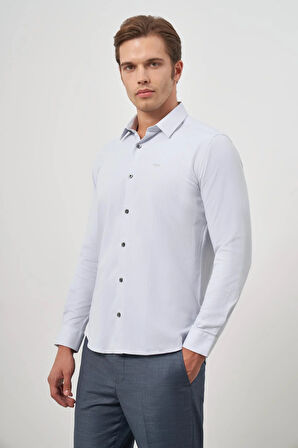Gri Uzun Kol Kendinden Desenli Armürlü 032 Sert Yaka Classic Slim Fit Gömlek 1004245151