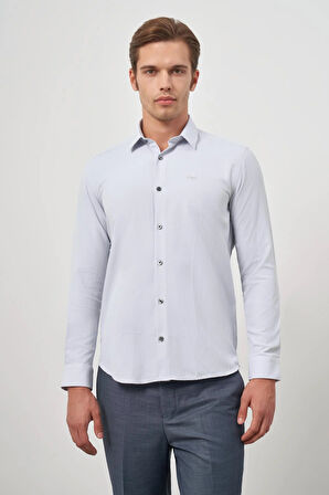 Gri Uzun Kol Kendinden Desenli Armürlü 032 Sert Yaka Classic Slim Fit Gömlek 1004245151