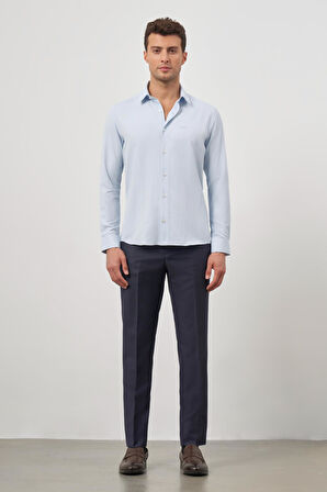 Koyu Mavi Uzun Kol Kendinden Desenli Armürlü 032 Sert Yaka Classic Slim Fit Gömlek 1004245151