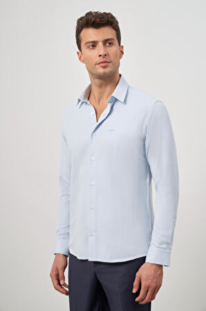 Koyu Mavi Uzun Kol Kendinden Desenli Armürlü 032 Sert Yaka Classic Slim Fit Gömlek 1004245151