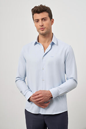 Koyu Mavi Uzun Kol Kendinden Desenli Armürlü 032 Sert Yaka Classic Slim Fit Gömlek 1004245151