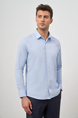 Mavi Uzun Kol Kendinden Desenli Armürlü 032 Sert Yaka Classic Slim Fit Gömlek 1004245151