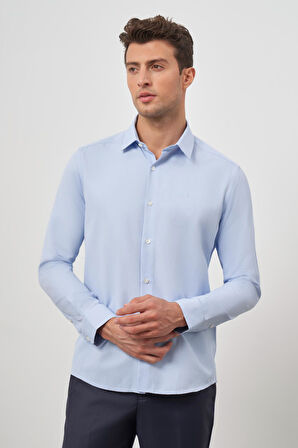 Mavi Uzun Kol Kendinden Desenli Armürlü 032 Sert Yaka Classic Slim Fit Gömlek 1004245151
