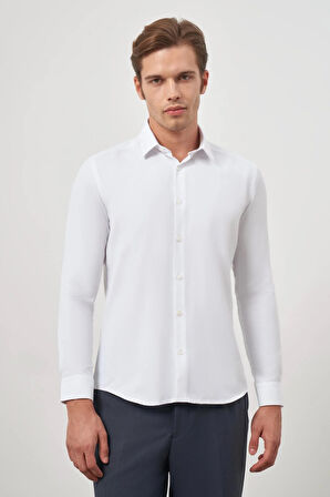 Beyaz Uzun Kol Kendinden Desenli Armürlü 032 Sert Yaka Classic Slim Fit Gömlek 1004245151
