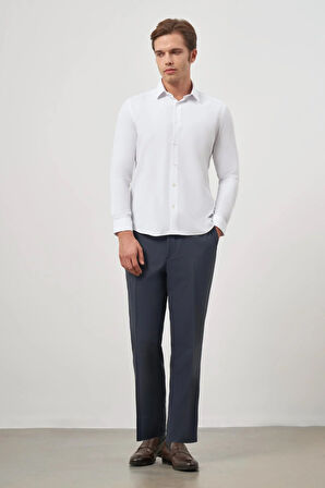 Beyaz Uzun Kol Kendinden Desenli Armürlü 032 Sert Yaka Classic Slim Fit Gömlek 1004245151