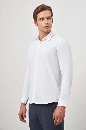Beyaz Uzun Kol Kendinden Desenli Armürlü 032 Sert Yaka Classic Slim Fit Gömlek 1004245151