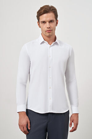 Beyaz Uzun Kol Kendinden Desenli Armürlü 032 Sert Yaka Classic Slim Fit Gömlek 1004245151