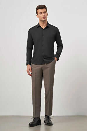 Siyah Uzun Kol Kendinden Desenli Armürlü 032 Sert Yaka Classic Slim Fit Gömlek 1004245152