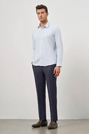 Koyu Mavi Uzun Kol Kendinden Desenli Armürlü 032 Sert Yaka Classic Slim Fit Gömlek 1004245152