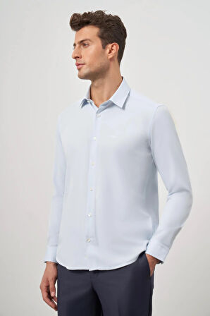 Koyu Mavi Uzun Kol Kendinden Desenli Armürlü 032 Sert Yaka Classic Slim Fit Gömlek 1004245152