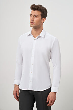 Beyaz Uzun Kol Kendinden Desenli Armürlü 032 Sert Yaka Classic Slim Fit Gömlek 1004245152