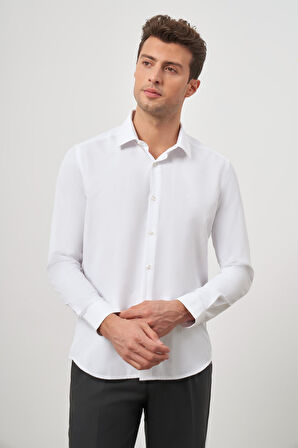 Beyaz Uzun Kol Kendinden Desenli Armürlü 032 Sert Yaka Classic Slim Fit Gömlek 1004245152