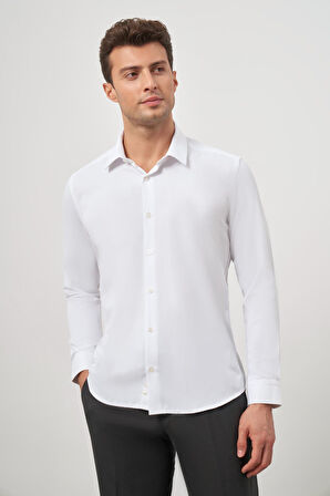 Beyaz Uzun Kol Kendinden Desenli Armürlü 032 Sert Yaka Classic Slim Fit Gömlek 1004245152