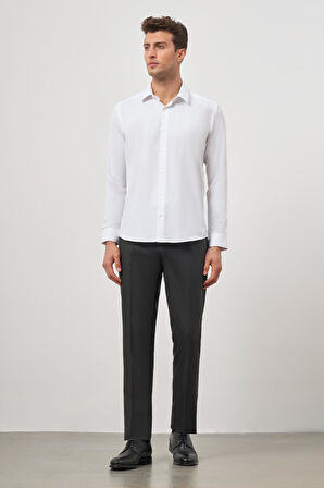 Beyaz Uzun Kol Kendinden Desenli Armürlü 032 Sert Yaka Classic Slim Fit Gömlek 1004245152