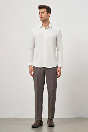 Açık Krem Uzun Kol Kendinden Desenli Armürlü 032 Sert Yaka Classic Slim Fit Gömlek 1004245152