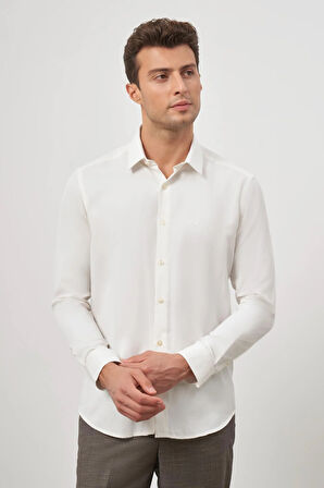 Açık Krem Uzun Kol Kendinden Desenli Armürlü 032 Sert Yaka Classic Slim Fit Gömlek 1004245152