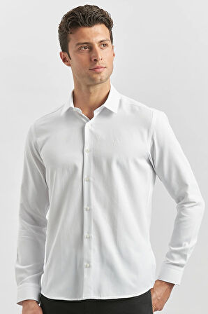 Beyaz Uzun Kol Kendinden Desenli Armürlü 032 Sert Yaka Classic Slim Fit Gömlek 1004245153