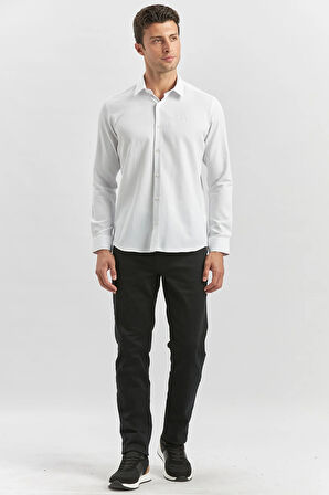 Beyaz Uzun Kol Kendinden Desenli Armürlü 032 Sert Yaka Classic Slim Fit Gömlek 1004245153