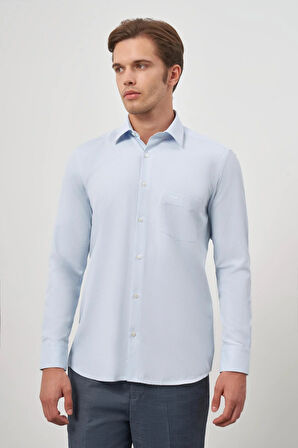 Koyu Mavi Uzun Kol Kendinden Desenli Armürlü 041 Sert Yaka Classic Comfort Fit Gömlek 1004245154