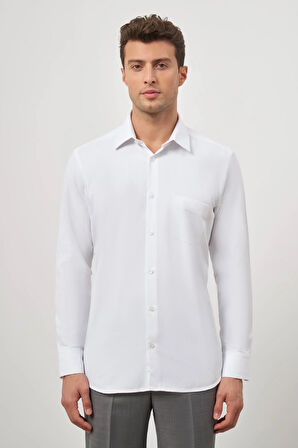 Beyaz Uzun Kol Kendinden Desenli Armürlü 041 Sert Yaka Classic Comfort Fit Gömlek 1004245154
