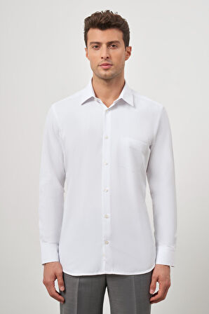 Beyaz Uzun Kol Kendinden Desenli Armürlü 041 Sert Yaka Classic Comfort Fit Gömlek 1004245154