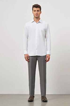 Beyaz Uzun Kol Kendinden Desenli Armürlü 041 Sert Yaka Classic Comfort Fit Gömlek 1004245154