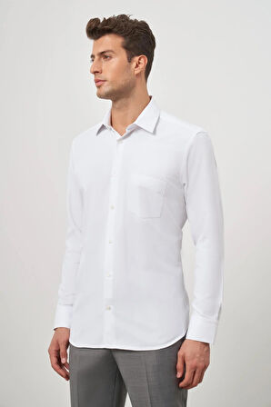 Beyaz Uzun Kol Kendinden Desenli Armürlü 041 Sert Yaka Classic Comfort Fit Gömlek 1004245154