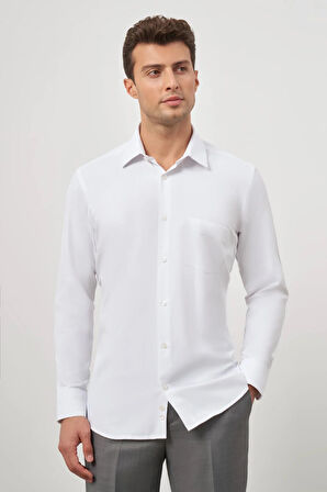 Beyaz Uzun Kol Kendinden Desenli Armürlü 041 Sert Yaka Classic Comfort Fit Gömlek 1004245154