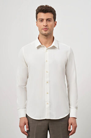 Açık Krem Uzun Kol Kendinden Desenli Armürlü 041 Sert Yaka Classic Comfort Fit Gömlek 1004245154