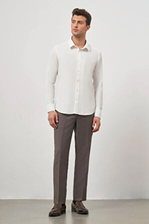 Açık Krem Uzun Kol Kendinden Desenli Armürlü 041 Sert Yaka Classic Comfort Fit Gömlek 1004245154