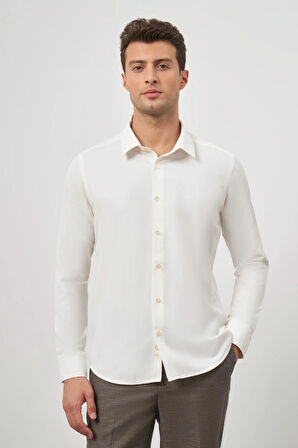 Açık Krem Uzun Kol Kendinden Desenli Armürlü 041 Sert Yaka Classic Comfort Fit Gömlek 1004245154