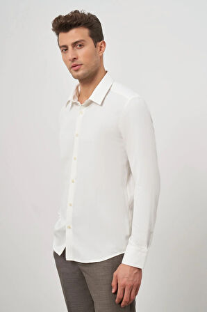 Açık Krem Uzun Kol Kendinden Desenli Armürlü 041 Sert Yaka Classic Comfort Fit Gömlek 1004245154