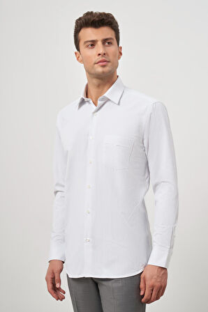 Beyaz Uzun Kol Kendinden Desenli Armürlü Sert Yaka Cepli Pamuklu Classic Comfort Fit Gömlek 1004245155