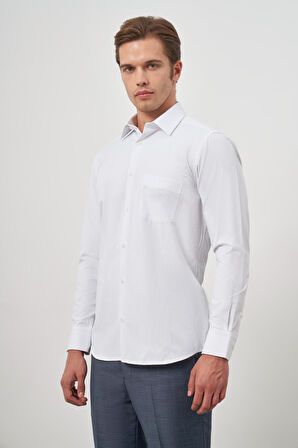 Beyaz Uzun Kol Kendinden Desenli Armürlü Sert Yaka Cepli Pamuklu Classic Comfort Fit Gömlek 1004245155
