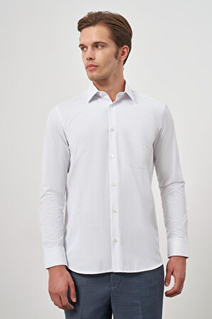 Beyaz Uzun Kol Kendinden Desenli Armürlü Sert Yaka Cepli Pamuklu Classic Comfort Fit Gömlek 1004245155