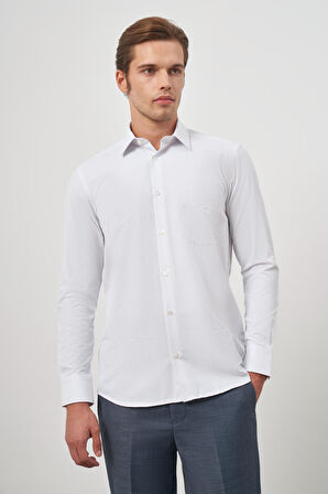 Beyaz Uzun Kol Kendinden Desenli Armürlü Sert Yaka Cepli Pamuklu Classic Comfort Fit Gömlek 1004245155