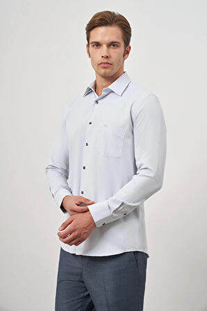 Gri Uzun Kol Kendinden Desenli Armürlü 041 Sert Yaka Classic Comfort Fit Gömlek 1004245156