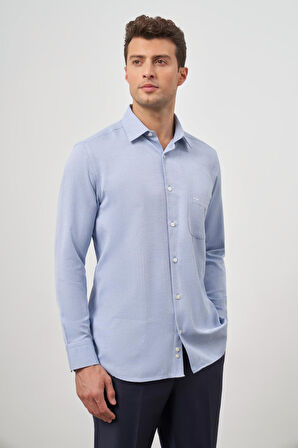 Koyu Lacivert Uzun Kol Kendinden Desenli Armürlü 041 Sert Yaka Classic Comfort Fit Gömlek 1004245156