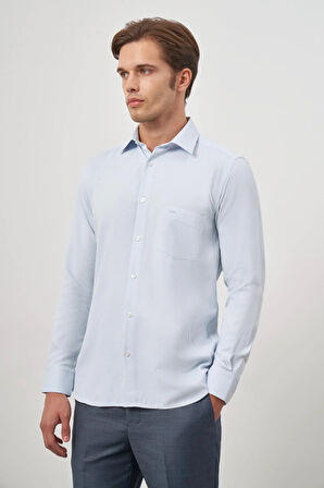 Koyu Mavi Uzun Kol Kendinden Desenli Armürlü 041 Sert Yaka Classic Comfort Fit Gömlek 1004245156