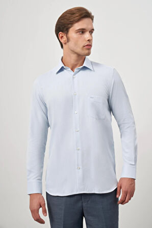 Koyu Mavi Uzun Kol Kendinden Desenli Armürlü 041 Sert Yaka Classic Comfort Fit Gömlek 1004245156